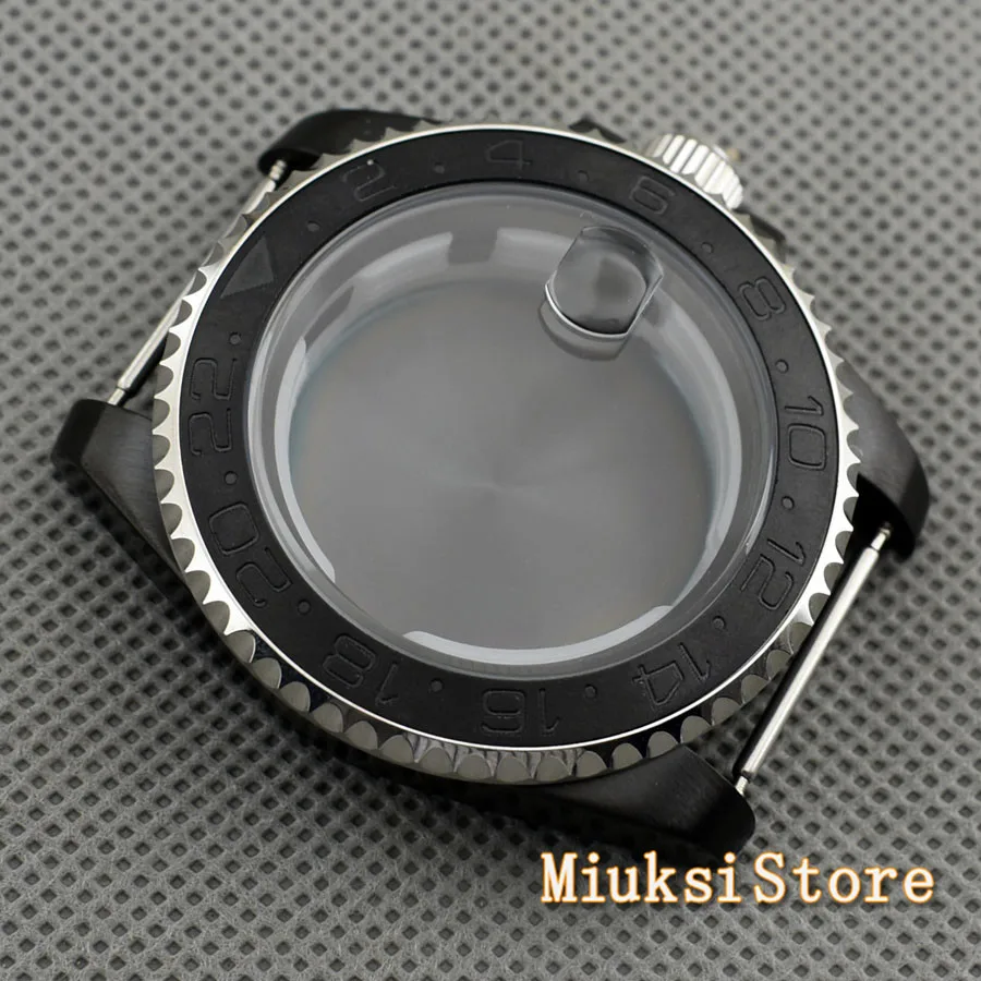Parnis 40mm sapphire glass black ceramic bezel PVD black steel watch case fit ETA 2836,Miyota 82 Serie,DG2813/3804 movement
