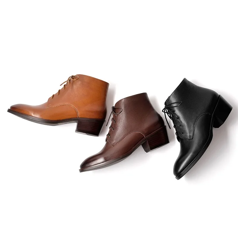 

2020 Free Shipping Handmade Genuine Leather Women British Lace Up Ankle Chelsea Boots Thick Heel pointed Toe 03816
