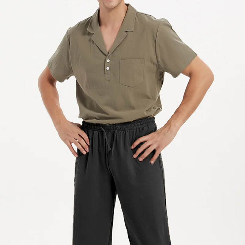 

Men's Summer Retro Medieval Solid Short Sleeved Shirt Lapel Button Loose Top Drama Plays The Role Of Civilian Costume