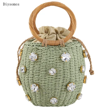 

Diysomes Summer Vacation Beach Bag Straw Woven Ring Handbag New Wave-Tide Diamond Bucket