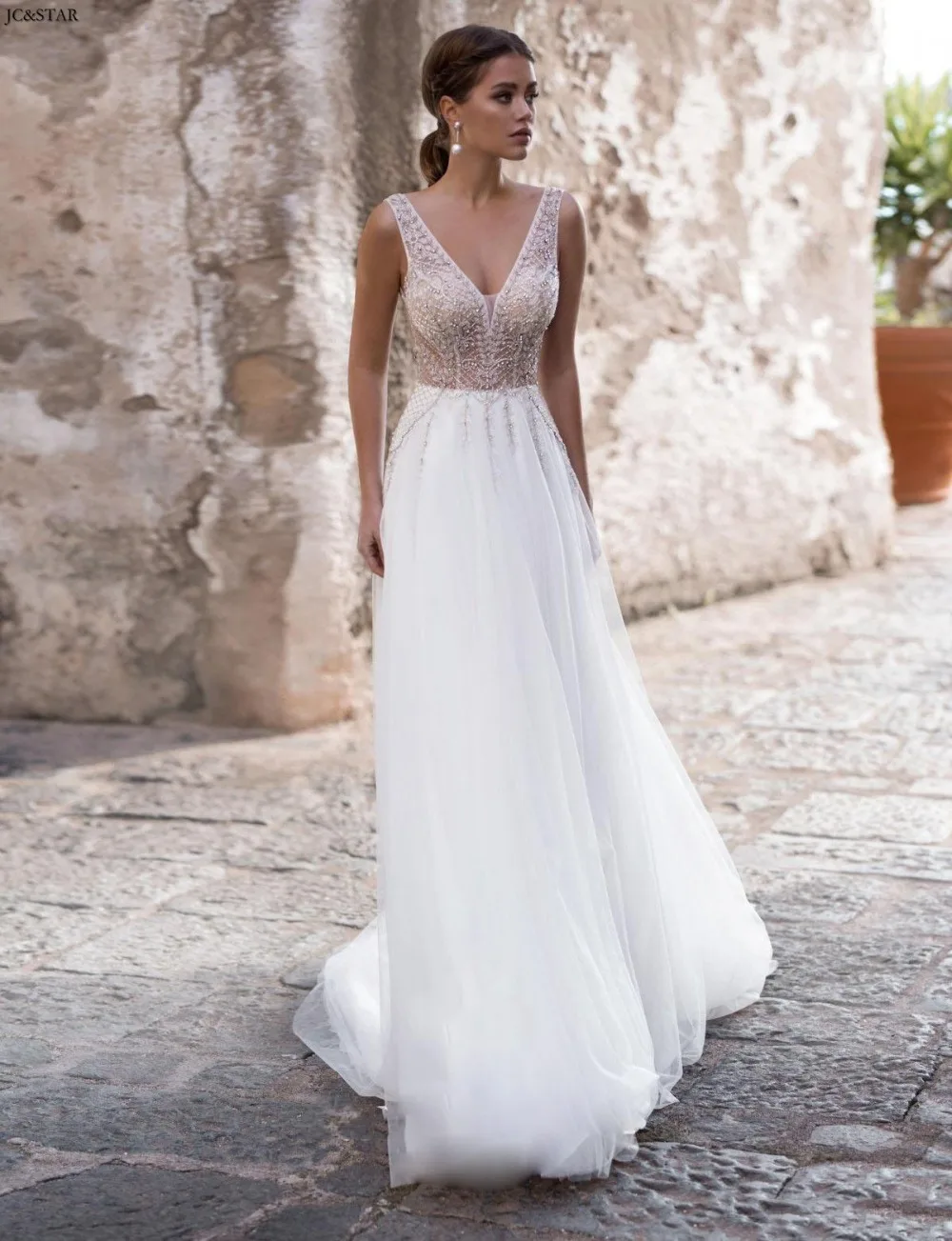 Vestido de noiva, новинка, тюль, кристалл, сексуальный, v-образный вырез, открытая спина, ТРАПЕЦИЕВИДНОЕ, белое, Пляжное, богемные свадебные платья, abiti da sposa, платье невесты