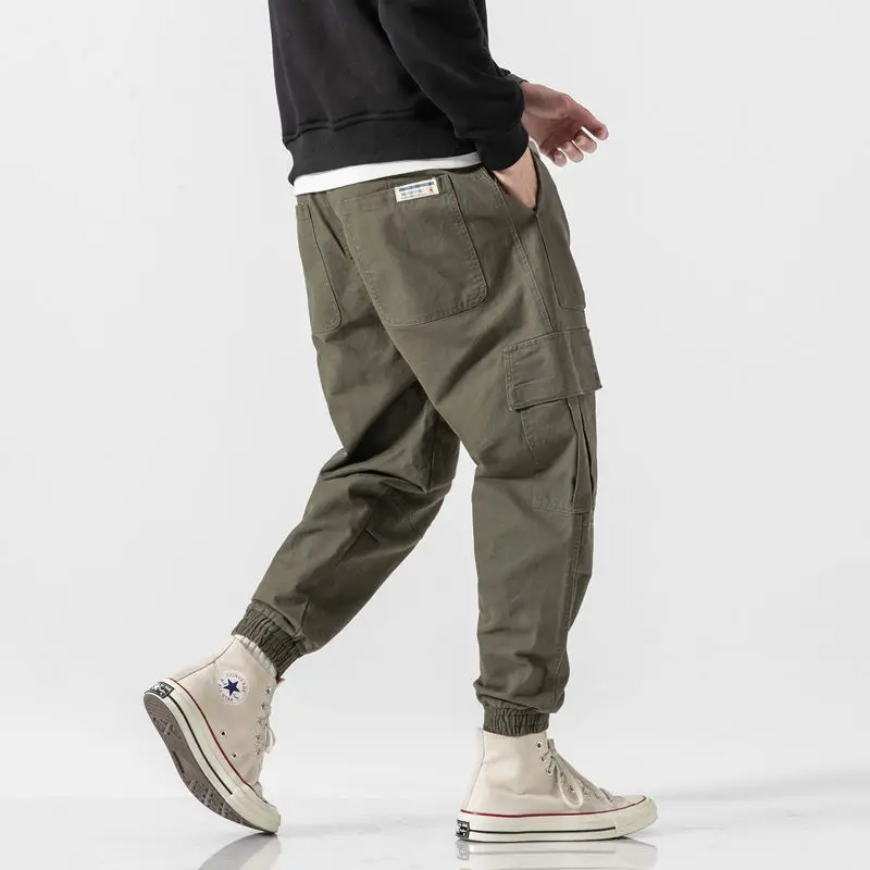 Men Cargo Jogger Harem Pants Streetwear Hip hop Ankle Length Trousers Elastic Waist Black Army green