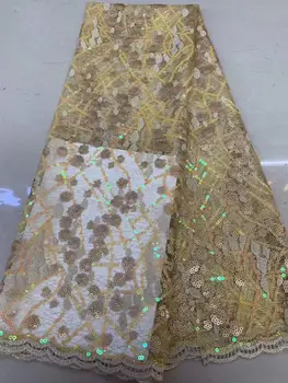 

Champagne Gold 2019 High Quality African Lace Fabric , French Net Embroidery Sequins Tulle Lace Fabric For Nigerian Party YYZ8