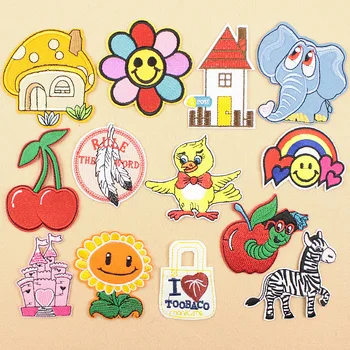 

20pcs/lot Embroidery Patches Elephant House Cherry Caterpillar Sunflower Biker Clothing Decoration Iron Heat Transfer Applique