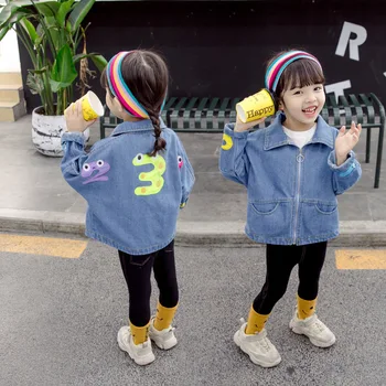 

Autumn Baby Girls Denim Jacket Number Embroidery Kids Bomber Jeans Jacket Loose Zipper Wash Children Outerwear Clothes 12M-5T