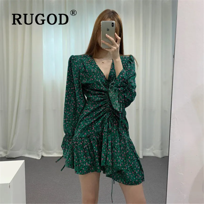 Beste RUGOD Herfst Winter Nieuwe Stijl Chic V hals Sexy Bloemen Geplooide Jurk Speciale Trekkoord Verzamelen Taille Fashion 2019