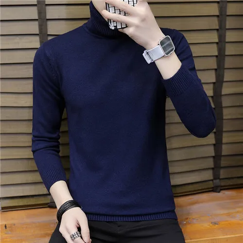 Men Turtleneck Sweater Autumn Winter Solid Color Casual Sweater Men's Slim Fit Knitted Pullovers Bottoming Jumper - Цвет: Тёмно-синий