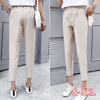 

New Women Pants Spring Autumn Solid Elastic Waist Harem Pants Female Causal Loose Lady Ankle-Length Button Trousers