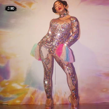 

Nightclub Party Sexy Sequin Jumpsuit Women Stretch Rhinestone Nude Bodysuit Cheerleaders DJ Pole Dance Stage Costumes spandex