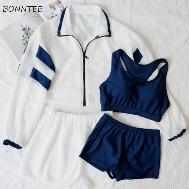 Bikini Set Women Patch-design Zipper 4 Piece Korean Perppy Style Safety Fashion Beachwear Female Bathing Suit Cute Teens Chic | Женская