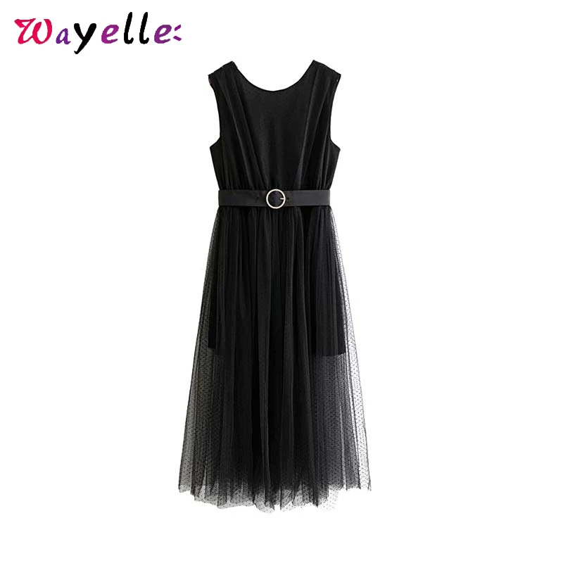 

Women Elegant Dress Belt Design Elastic Waist Sweet Mesh Party Dress Sleeveless Black Ankle Length Women Dresses