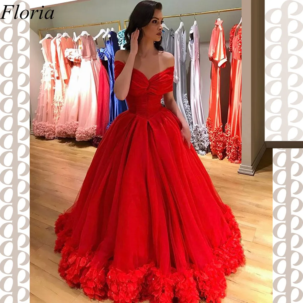 

Middle East Red Prom Dress Long A-Line Off Shoulder vestidos de fiesta de noche Flowers Evening Dress 2019 вечернее платье
