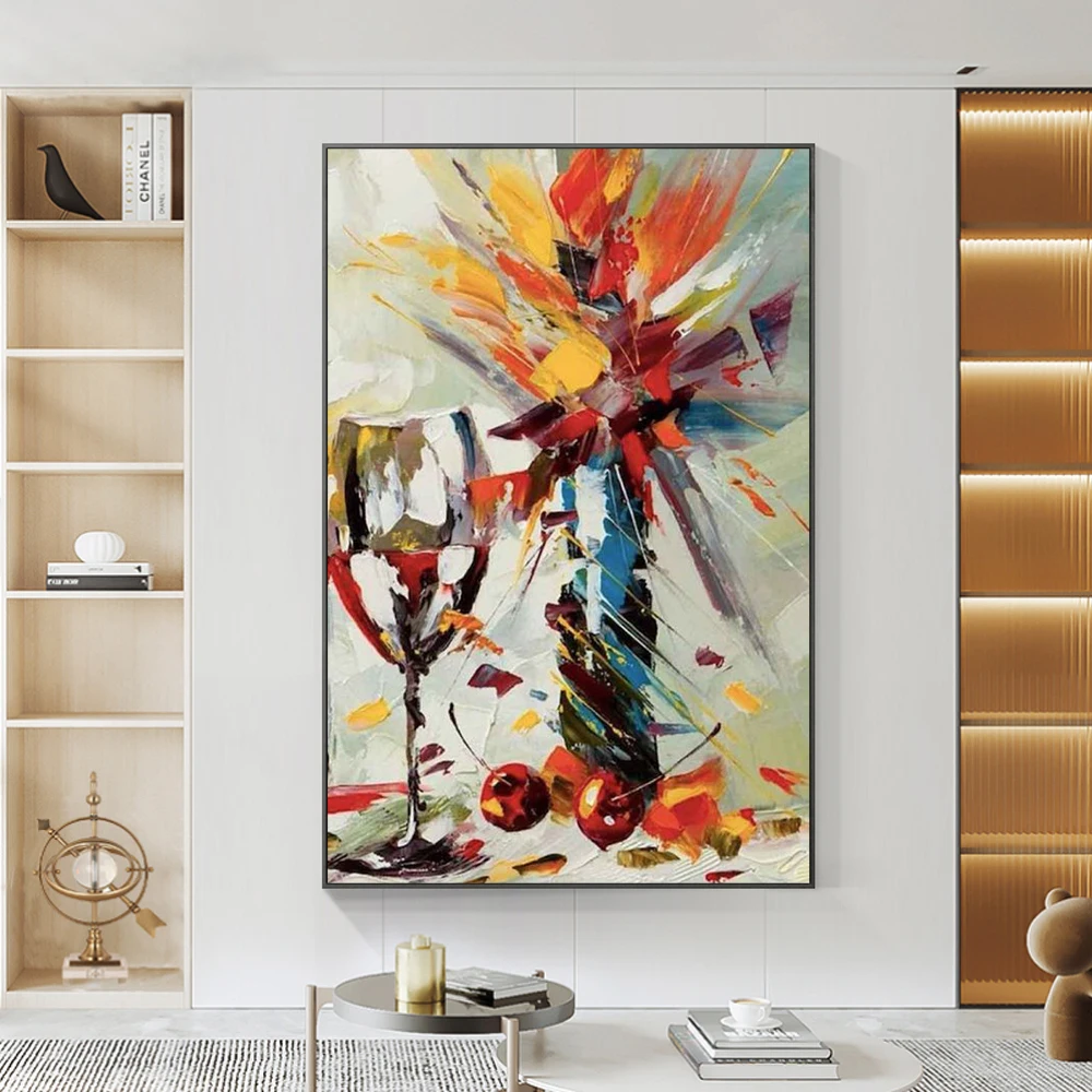 

Handpainted Impressionist Colorful Flower and Goblet Oil Painting On Canvas Handmade Abstract Oil Painting For Home Wall Decor