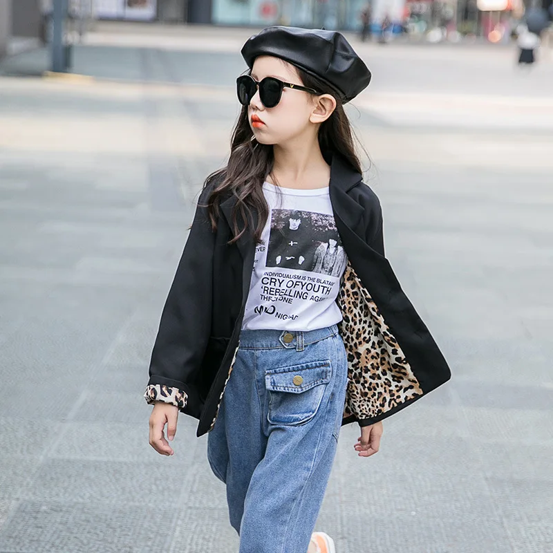 

Kids Jacket for Girls Outfits Autumn Teenager Girls Coat Outerwear Black Leopard Jacket Children Clothes 12 14 Year