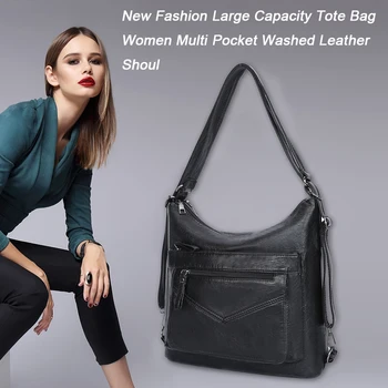 

Fashion Shoulder Crossbody Bags Women Washable PU Leather Solid Color Large Capacity Multi-pocket Zipper Travel Messenger Bag