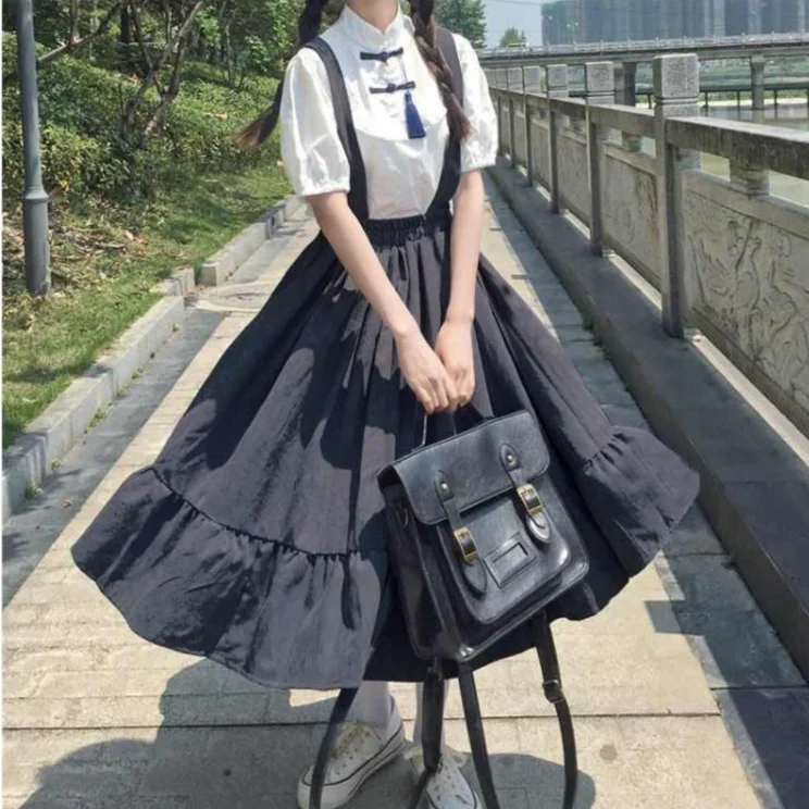Solid Dresses Women Ruffles Sleeveless Japanese Style Chic Trendy College Sweet Harajuku Elastic Waist Vestido Feminino Kawaii a line dress