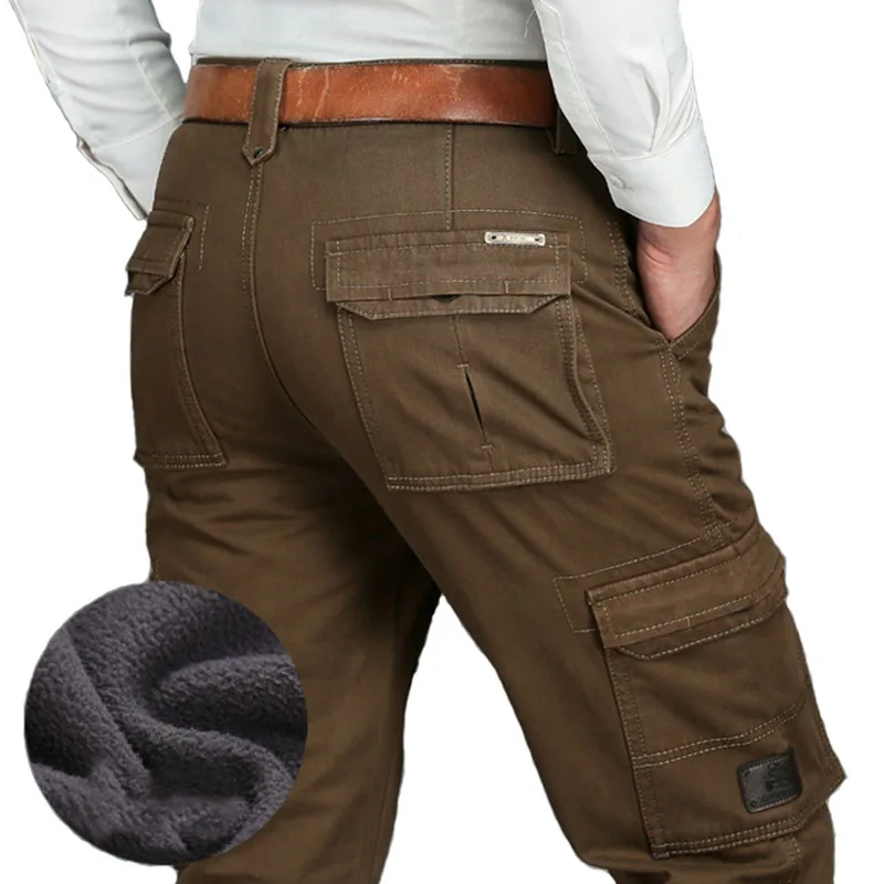 

KIOVNO Winter Men's Cargo Casual Pants Multi Pockets Fleece Lined Military Style Trousers For Male Size 30-44