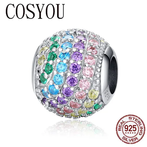 

COSYOU 2019 Rainbow CZ Round Beads for Women Jewelry Making 925 Sterling Silver Jewelry DIY Charm for Bracelet Bangle SCC1355