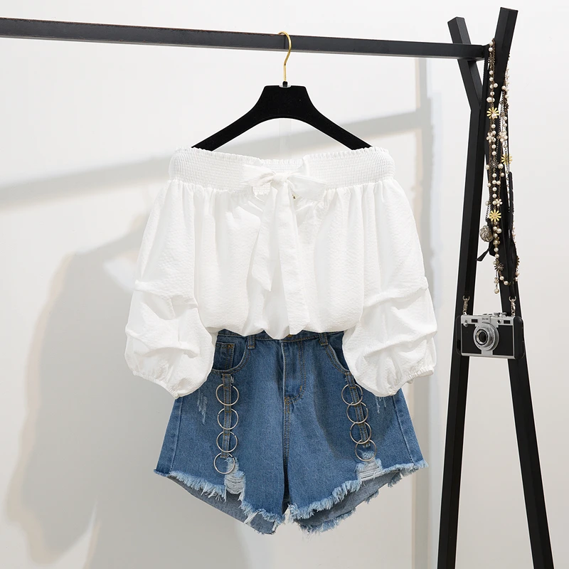 2020 Summer two piece set New Off Shoulder Loose Half Lantern Sleeve Solid Cute Blouse Jean Shorts Two-Piece Outfit Casual Sets 2020 Summer two piece set New Off Shoulder Loose Half Lantern Sleeve Solid Cute Blouse Jean Shorts Two-Piece Outfit Casual Sets