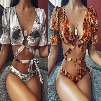 

Sexy Summer Leopard Printed Low Cut Bandage Flare Sleeve Women Two Pieces Women Bikinis Sets Swimwear Women Summer Beachwear