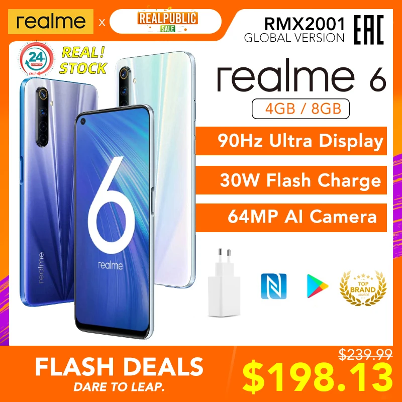 Realme 6 глобальная Версия Мобильный телефон объемом памяти 4 ГБ/8 ГБ Оперативная