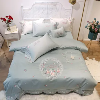 

Luxury Green White American Flowers Embroidery 80S Egyptian Cotton Bedding Set Duvet Cover Bed Linen Fitted Sheet Pillowcases