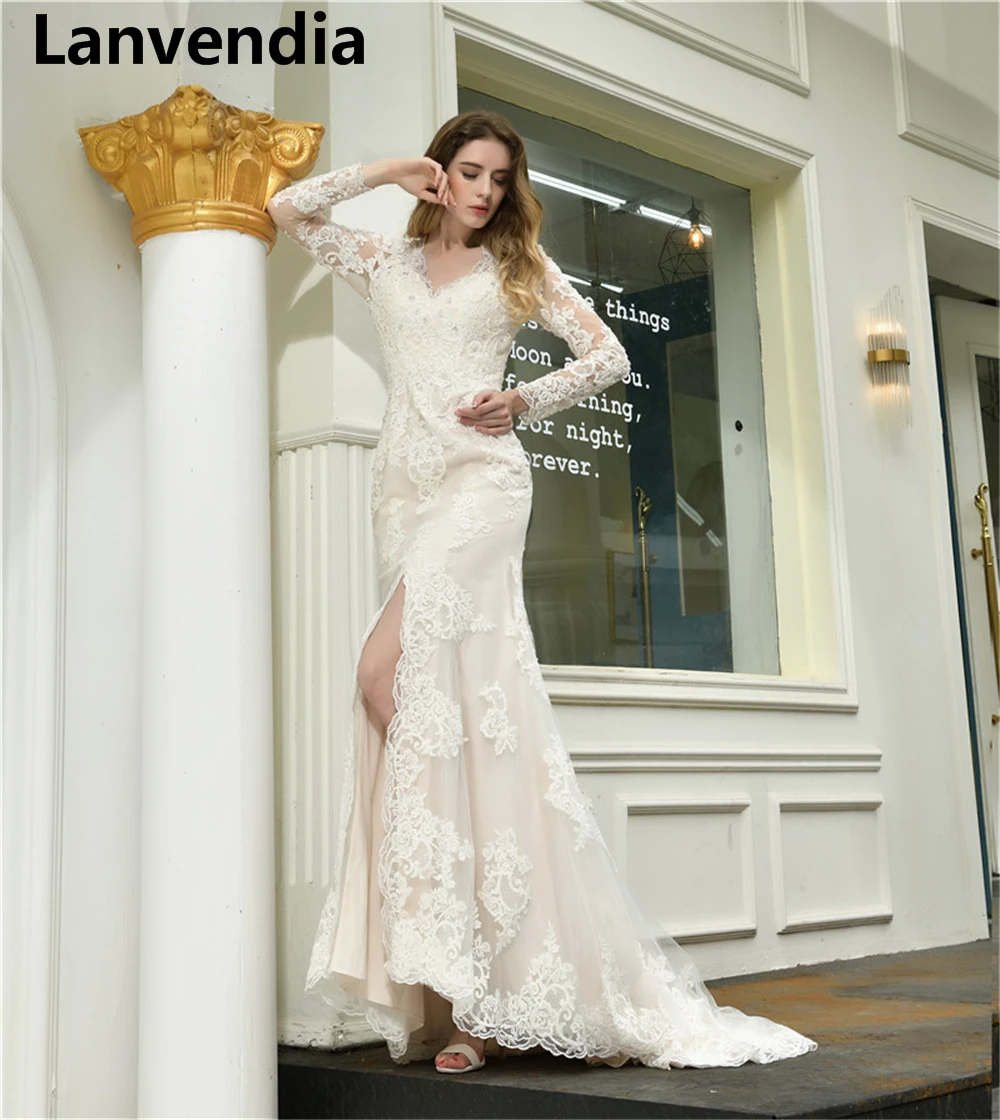 

Lanvendia Long Sleeve Lace Applique Wedding Dresses For Bride 2020 Sexy V-neck Mermaid Bridal Gowns Plus Size Vestido De Noiva