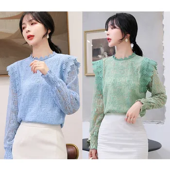 

Blouse Women Long Sleeve Lace Hollow Chiffon vintage Shirt Leisure O-neck Blouse Office Shirt 2020 New блузка женская