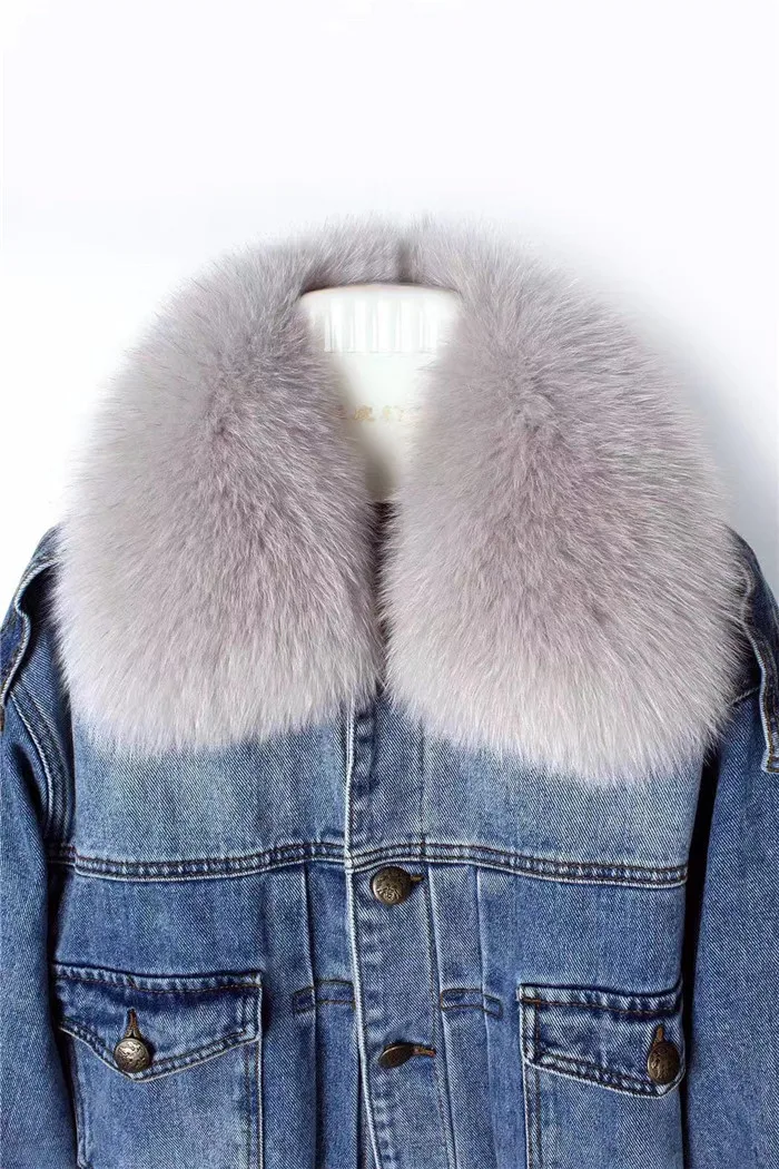 real fur coat Winter Jacket Women Coat Real fox Fur lined denim jacket Parka back letter print
