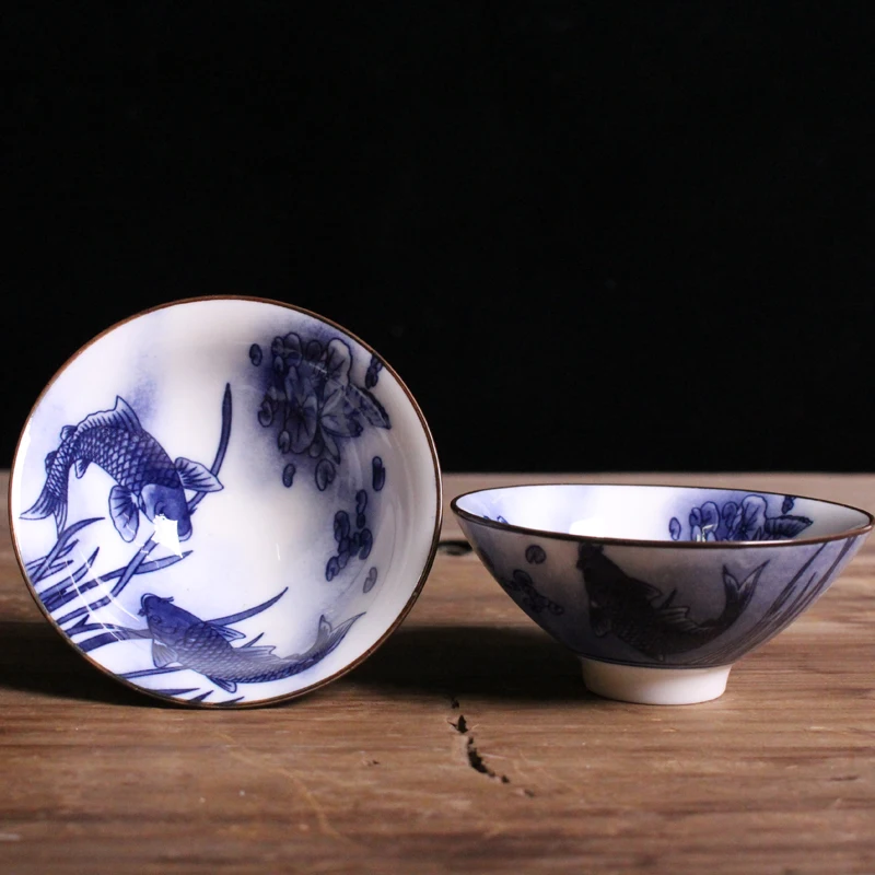 Керамический чайный набор кунг-фу в японском стиле, маленькая чайная чашка, одиночная чашка, антикварная голубая и белая фарфоровая чашка, персональная чашка, чашка-мастер