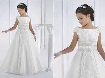 

Hot Sale White Kids First Communion Dresses Beaded Appliques Long Flower Girls Dresses Kids Birthday Party Gowns