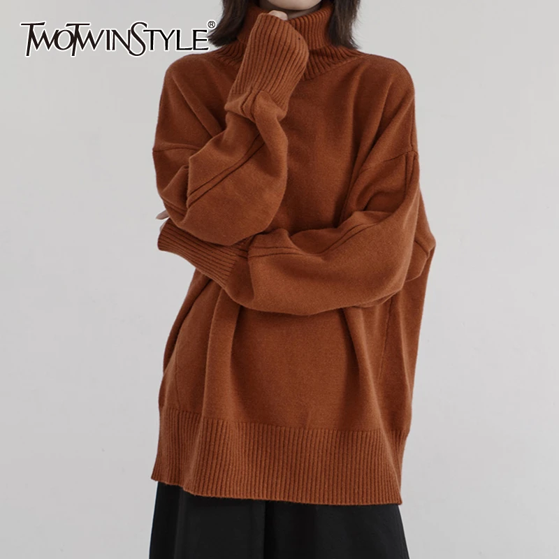 TWOTWINSTYLE минималистичный вязаный свободный женский свитер водолазка длинный