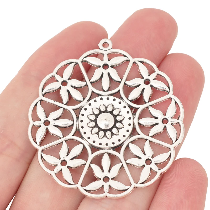 

5 x Tibetan Silver Hollow Open Large Flower Round Charms Pendants for DIY Necklace Jewelry Making Findings Accessories 47x44mm