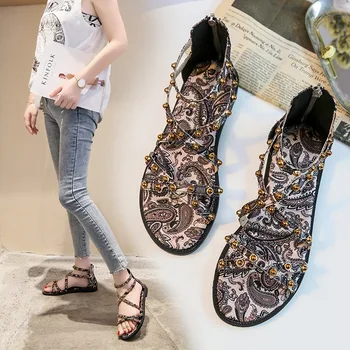 

SWYIVY Rivet Sandals Women Flat Summer Shoes Woman Beach Sandals Open-Toe Ladies Casual Shoes Female Rome Gladiator Sandals
