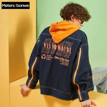 

Metersbonwe denim jacket 2020 New Spring men's casual printing denim jacket lapel long sleeve denim bomber jacket