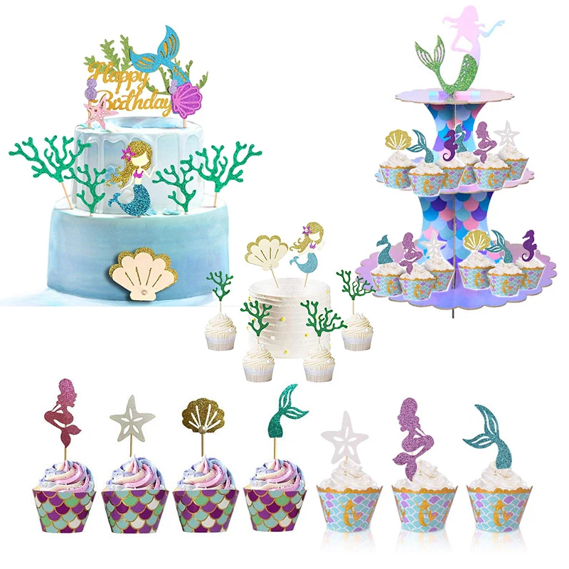 Mermaid Cupcake Toppers and Cake Wrappers Mermaid Cake Stand For Baby Shower Girls Under the Sea Birthday Party Favor Supplies