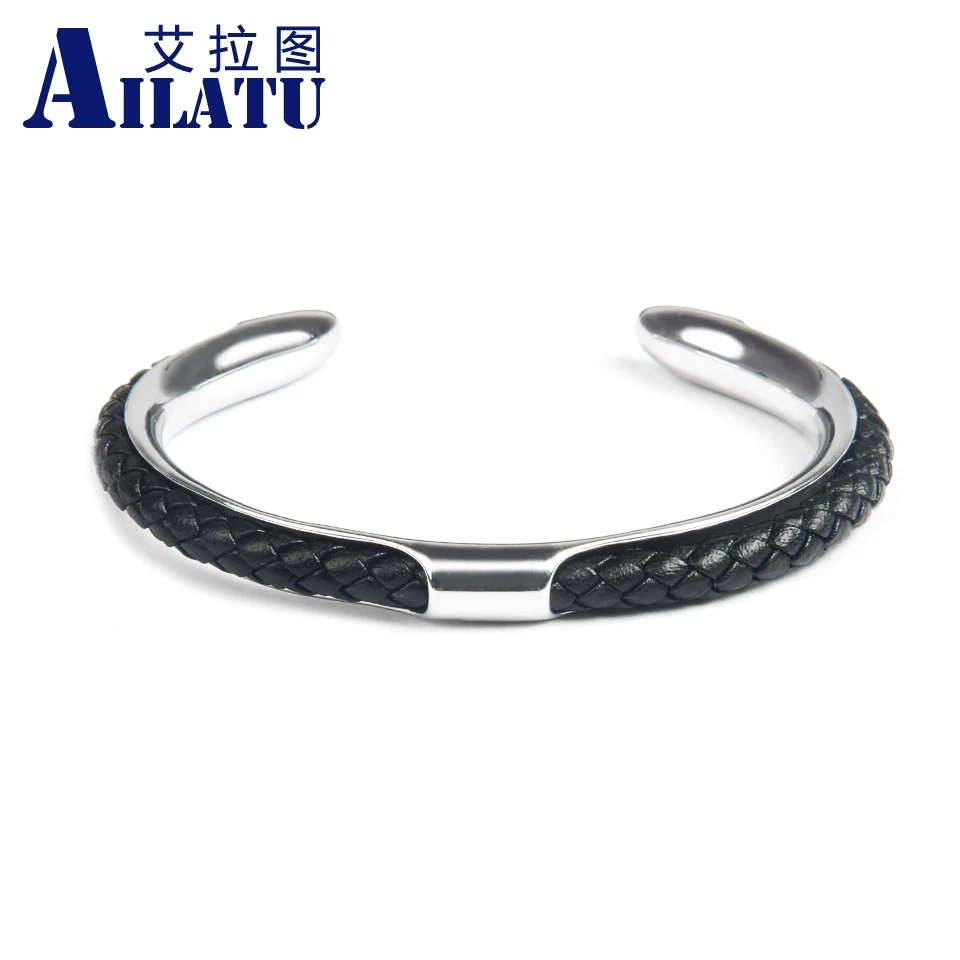 New Luxury Men Opening Cuff Bangles 316L Stainless Steel Genuine Leather Bracelet Friendship Jewelry for Lover 5