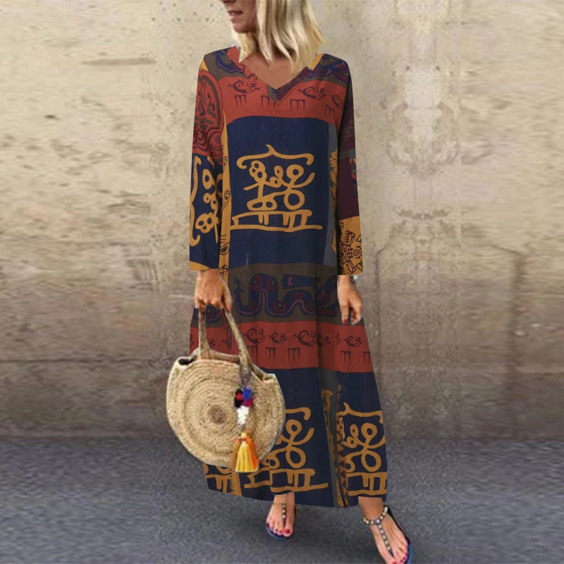 Long Sleeve Letter ZANZEA женское летнее хлопковое льняное платье с коротким рукавом Vestido Robe Kaftan Femme Винтаж V образным вырезом цветочный принт праздничный сарафан 5XL - Цвет: Long Sleeve Letter