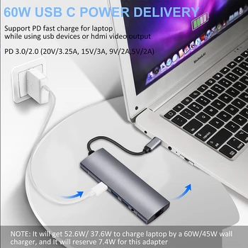 

USB HUB Type-C HUB 9-in-1 Alloy Adapter Dock with USB 3.0 Mic 3.5mm Gigabit Hdmi Sd Slot for Mac for Pc
