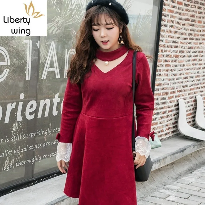 Женское Замшевое платье с V образным вырезом длинным рукавом и кружевом|Платья| |