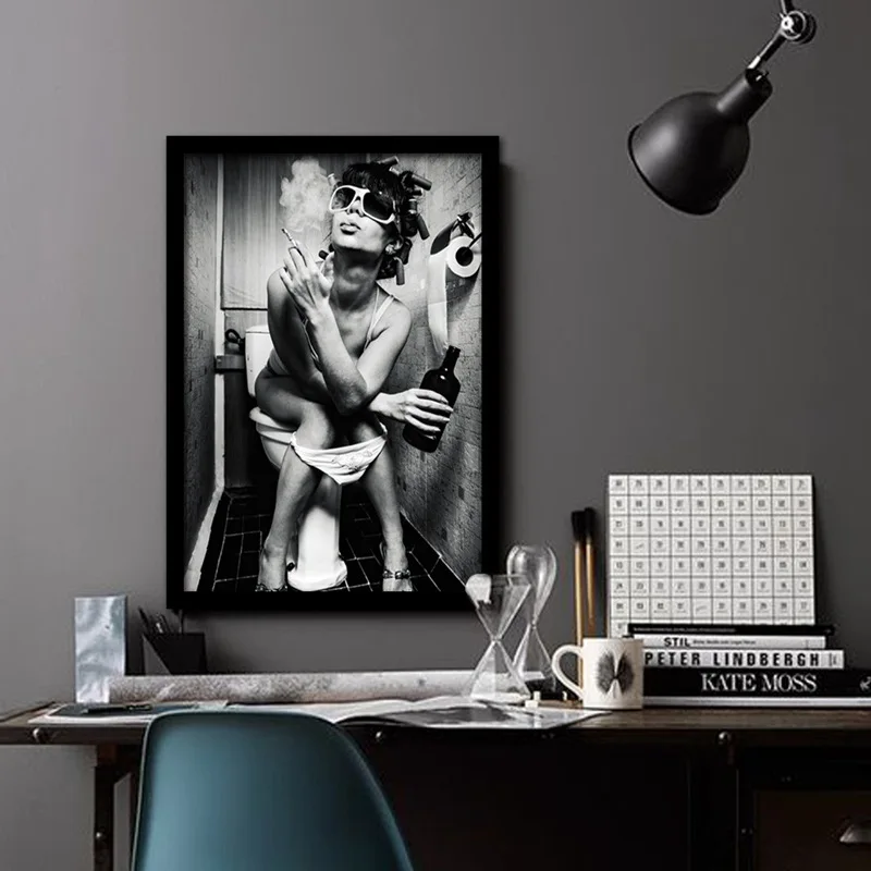 

Modern Wall Art Poster Canvas Painting Woman Smoking In The Toilet Posters Prints Wall Pictures for Bathroom Toilet Decoration