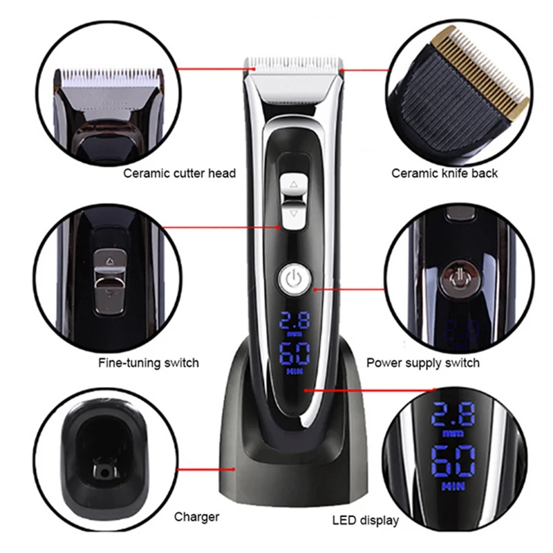  EU Plug Professional Digital Hair Trimmer Rechargeable Electric Hair Clipper Men's Cordless Haircut