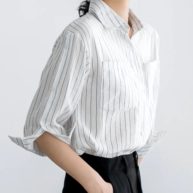 Повседневная полосатая Женская одежда, корейская модная одежда, Blusas Mujer De Moda, три четверти, офисная блузка для женщин, 5250 50