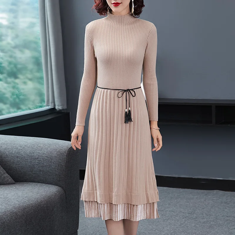 

Sweater Dress Women's 2019 Autumn And Winter New Style Slimming Mid-length Jersey Dress over-the-Knee Half-Turtle-Neck Elegant B