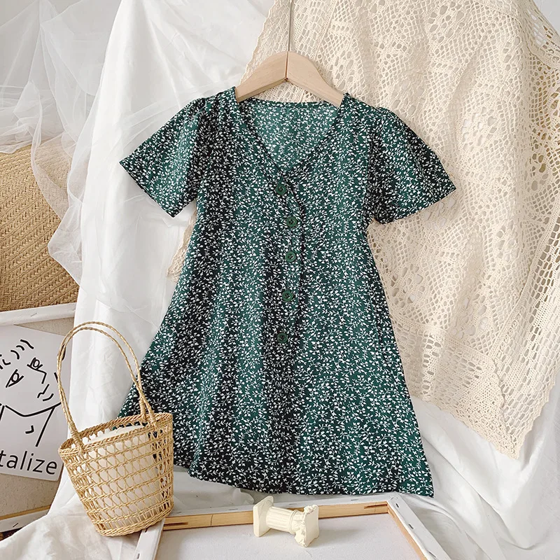 

Summer Toddler Girls Clothes Short Sleeve V-neck Dresses for Girls Green Floral Printed Dress Children Girls Casual Clothes 2021