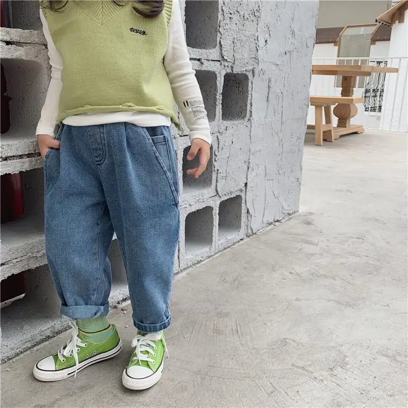 Синий Autumn New Arrival Korean style cotton fashion loose all-match jeans long harlen pants for cool baby girls and boys - Цвет: Синий