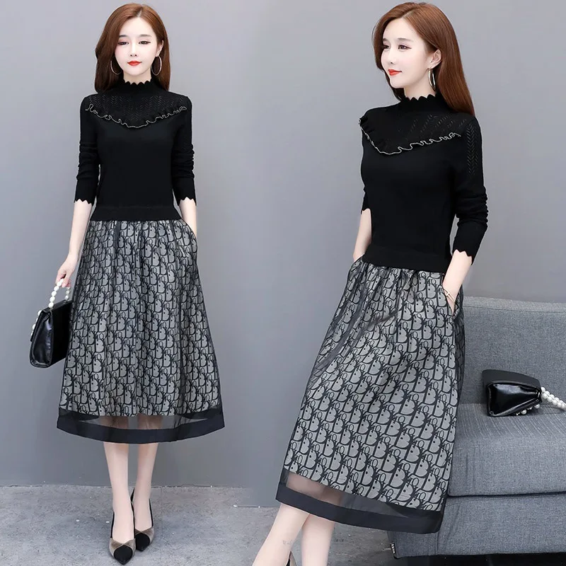 

2019 Autumn And Winter Stand Collar Long Sleeve Sweater Base Skirt Long Elegant Slimming Mock Two-Piece Joint Jersey Dress