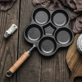 

5 Holes Wooden Handle Omelette Pan Multi-function Anti-scalding Kitchen Portable Hamburger Frying Eggs Dumpling Non Stick Thick