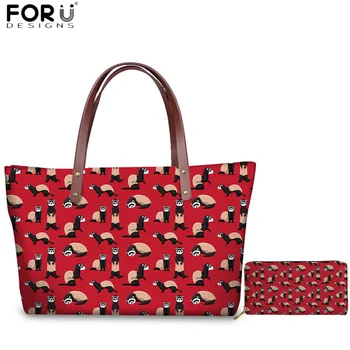 

FORUDESIGNS Cartoon Women 2pcs/set Handbags Cheeky Ferrets Pattern Red Tote Shoulder Bags for Ladies Girls Travel Top-handle Bag