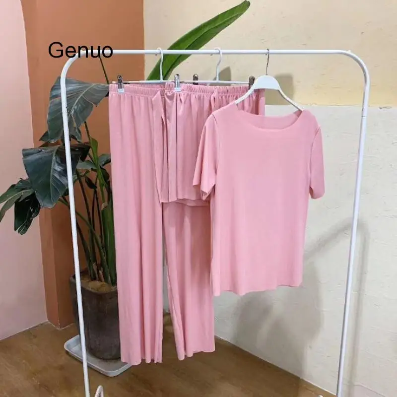 Sequins 3 Pieces Women Short Sleeve Pajamas Set Women Wide Leg Pants Short Sleeve Three Pieces Female Casual Home Wear Suit